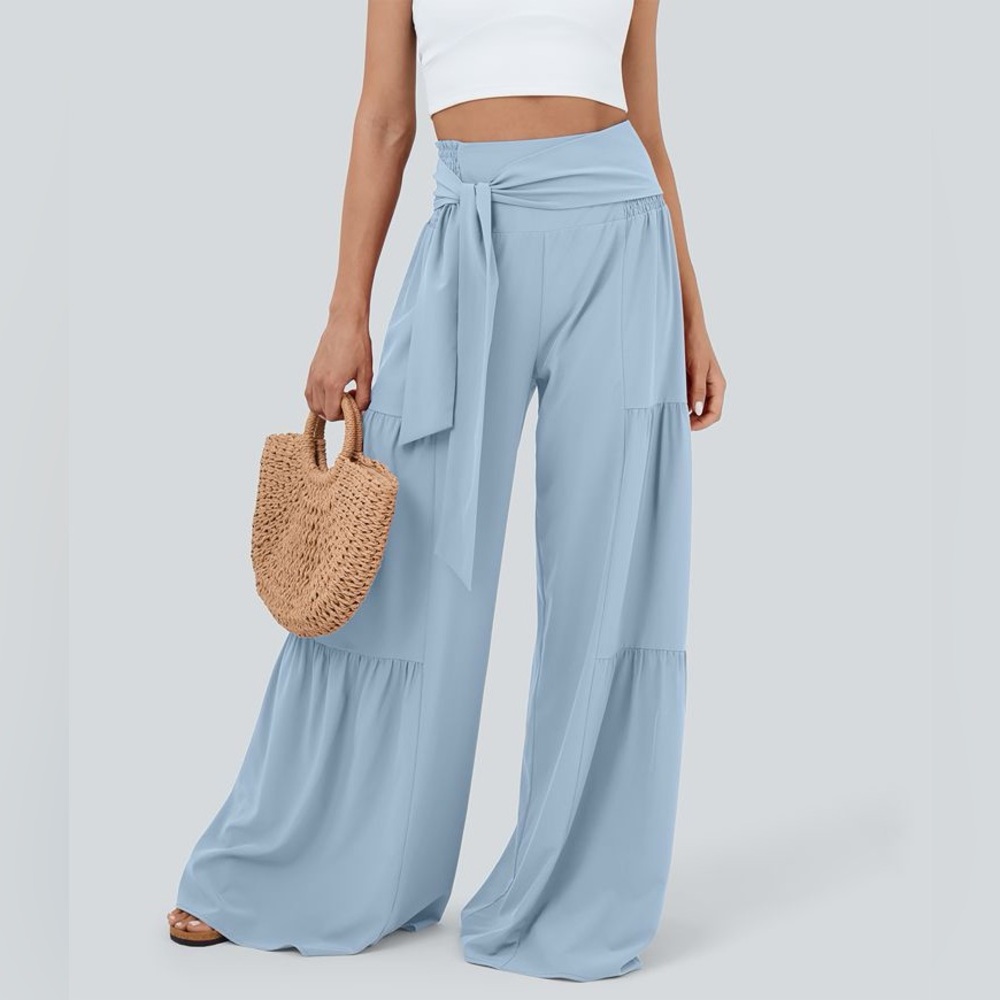 HALARA Breezeful™ High Waist Shirred Tie Front Flowy Wide Leg Pants - size Large